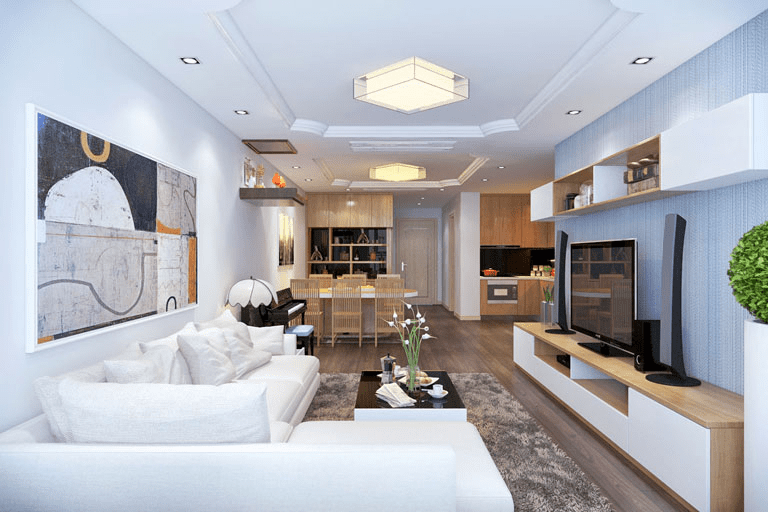 mẫu trần thạch cao đẹp cho phòng khách liền bếp
