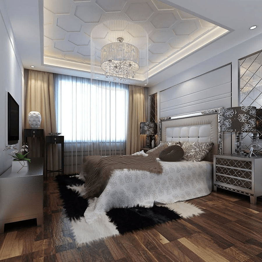 Mẫu trần thạch cao phòng ngủ 10m2 đẹp, tạo điểm nhấn bởi các khối lục giác và đèn chùm lung linh