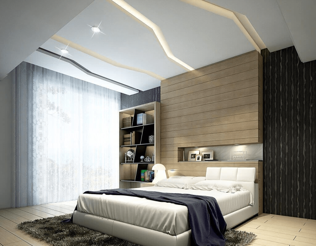 Mẫu trần thạch cao phòng ngủ 10m2 đẹp, với đường cắt nhấn tinh tế