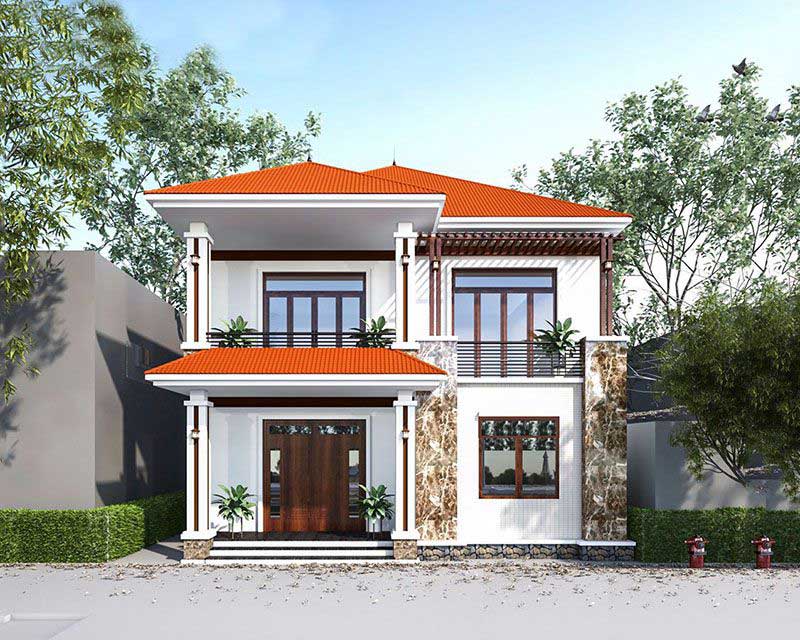 Nhà mái ngói đỏ kết hợp màu trắng truyền thống