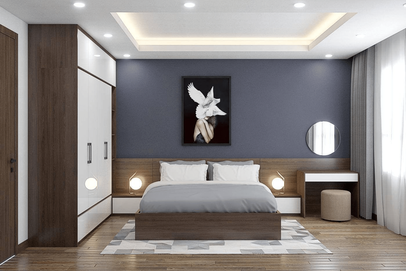 Mẫu trần thạch cao giật cấp cho phòng ngủ vợ chồng 10m2 đẹp